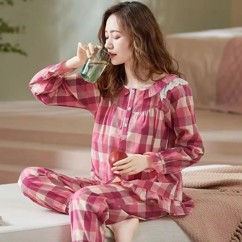 New Cotton Pajamas Women Spring Autumn High-grade Home Wear Round Neck Cardigan Checkered Long Sleeve Two-piece  nightgown 2024