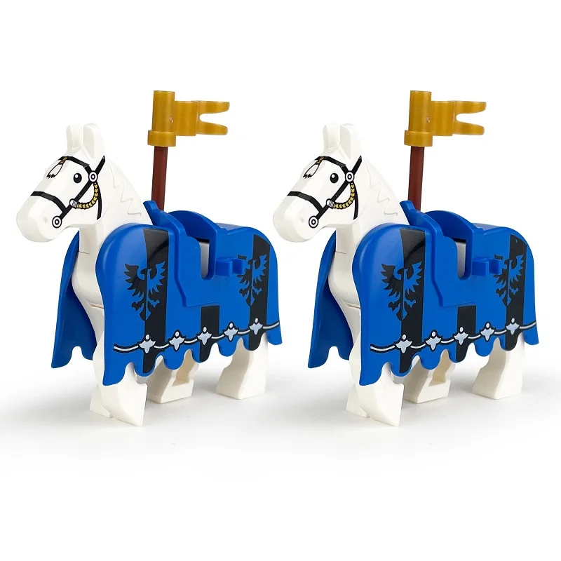 2 unids/lote MOC Caballeros Medeival caballo Mini figuras de acción bloques de construcción cuervo Lobo caballo de guerra águila León guerrero ladrillos juguetes regalo