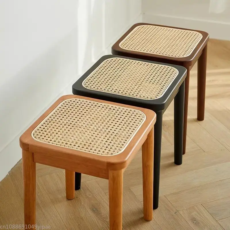 Nordic Solid Wood Rattan Chair Square Modern Simple Living Room Stacked Shoes Change Household Dressing Stool Furniture