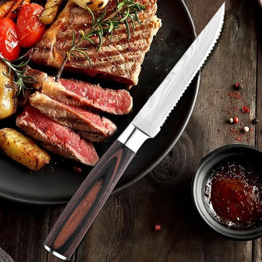 Edelstahl-Steakmesser mit feinem Kunststoffgriff, westliches Geschirr, Steakmesser, gezahntes Messer, Küchenkochzubehör, Utensil