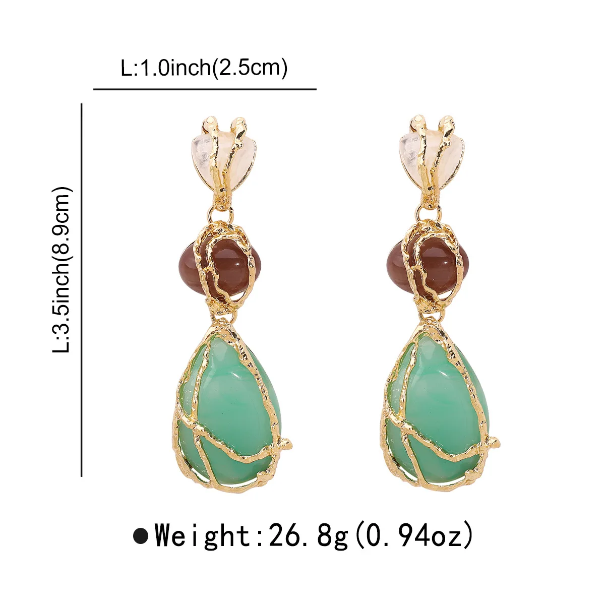 Women Fashion Handmade Weave Metal String Bag Green Natural Stone Dangle Earrings White Resin Waterdrop Earring Gothic Jewelry