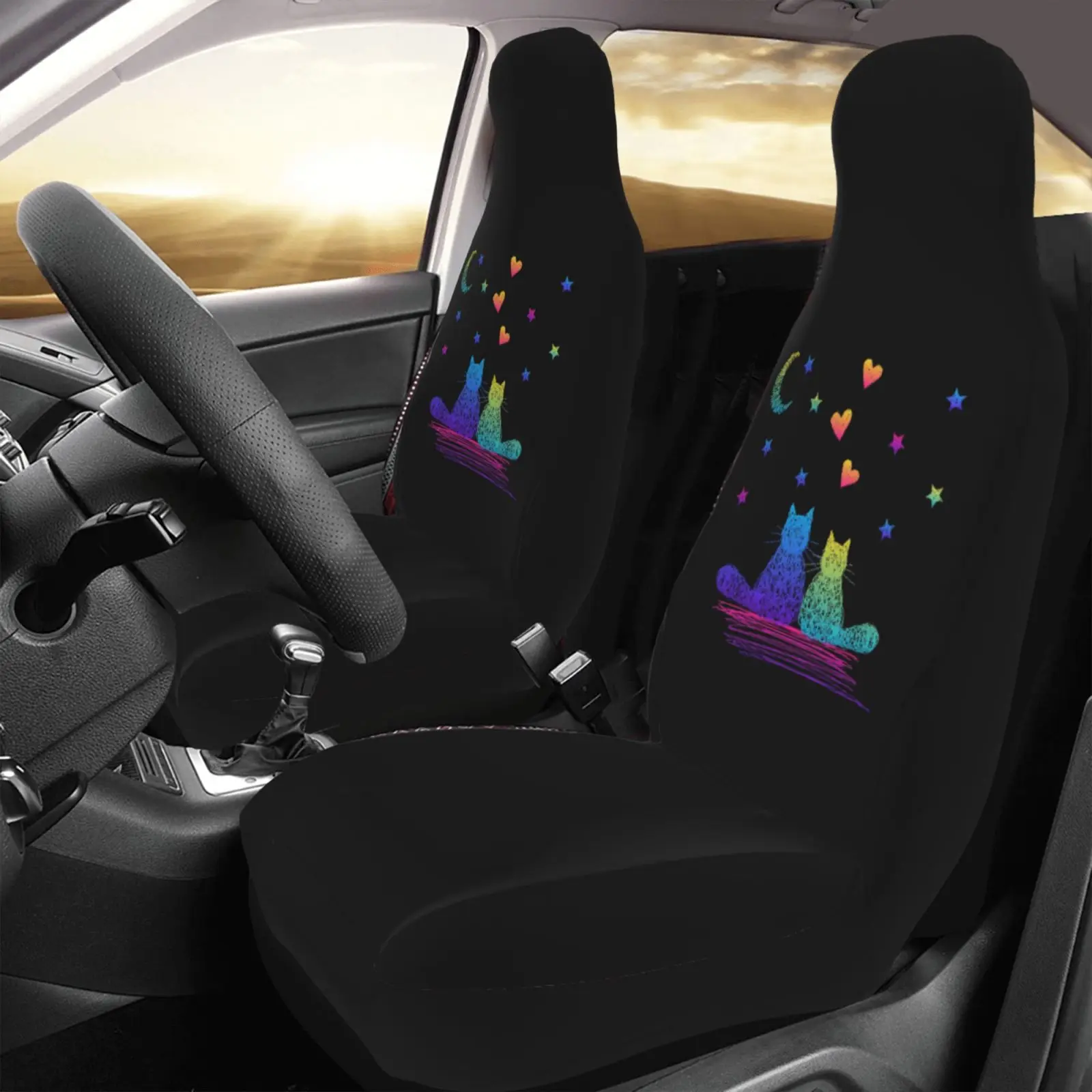 Neon-colored Cat Silhouette Car Seat Cover Protection Kit. 2-piece Seat Protection Kit Suitable for All Vehicle Models