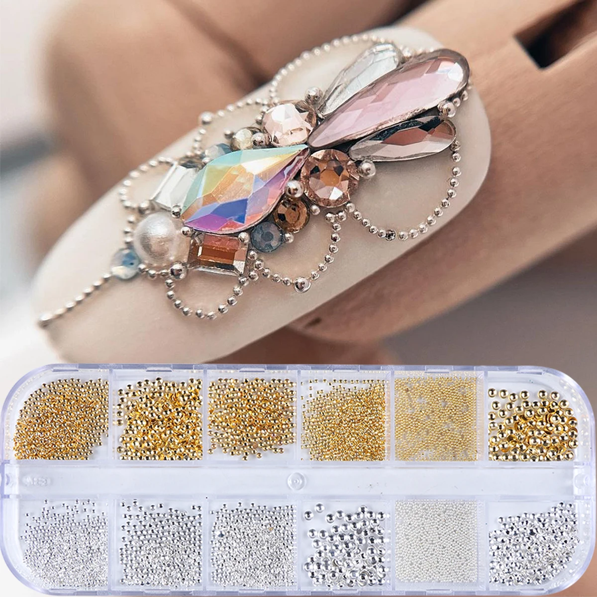 12 Gitter, goldene und silbrige Nagel-Kaviarperle, 3D-Metall-Nagel-Charms, Edelsteine, Nageldekoration, gemischte Größen, runde Stahlkugel-Maniküre-Perlen