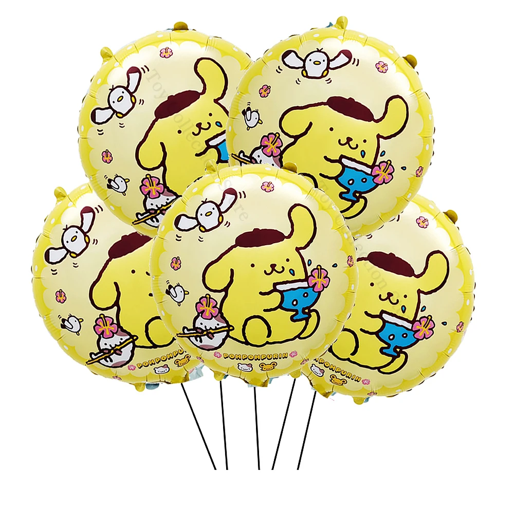 Sanrio Kuromi Melody Cinnamoroll Pompom Purin Round 5Pcs Foil Ballon Party Decor Supplies Folia aluminiowa Nadmuchiwane prezenty Globos