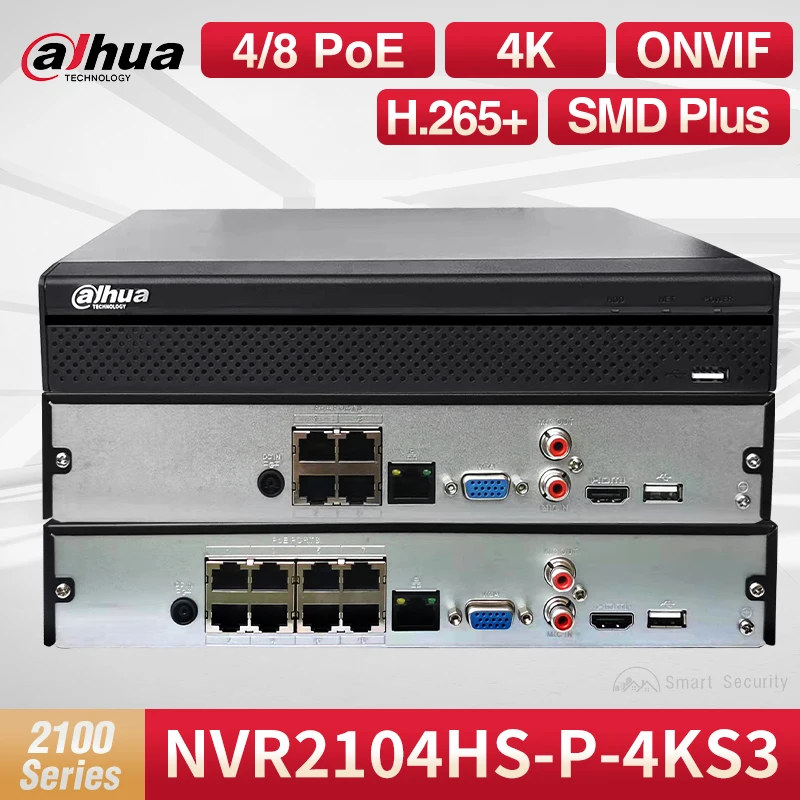 dahua gravador de video monitor inteligente nvr 4k canais h265 mais hdd portas poe smd plus hdmi vga onvif nvr2104hs p4ks3 01