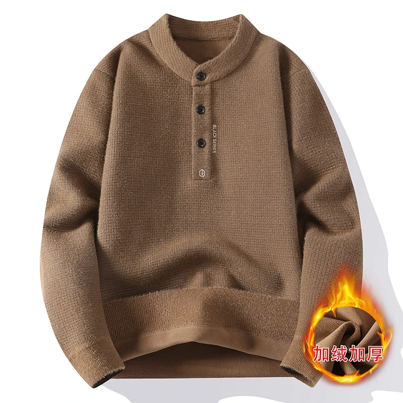 GIOIO men's sweater, solid color plus velvet thickened casual warm sweater, autumn and winter bottoming pullover