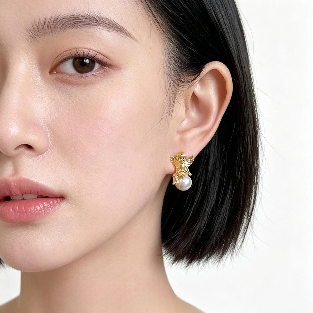 18K Gold Plated Cute Little Angel Pearl Earrings Vintage Sweet Women Daily Jewelry