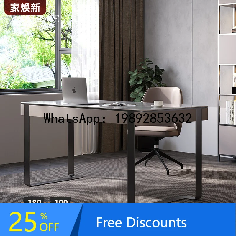 XL Minimalist Rock Slab Desk Modern Villa Study Room With Cable Hole Office Desk Stainless Steel Computer Desk Chair Set