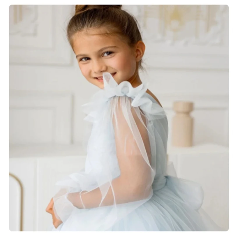 Light Blue Tulle Puffy Flower Girl Dress Long Sleeve Lace Ankle Length For Wedding Birthday Pageant Host First Communion Gowns