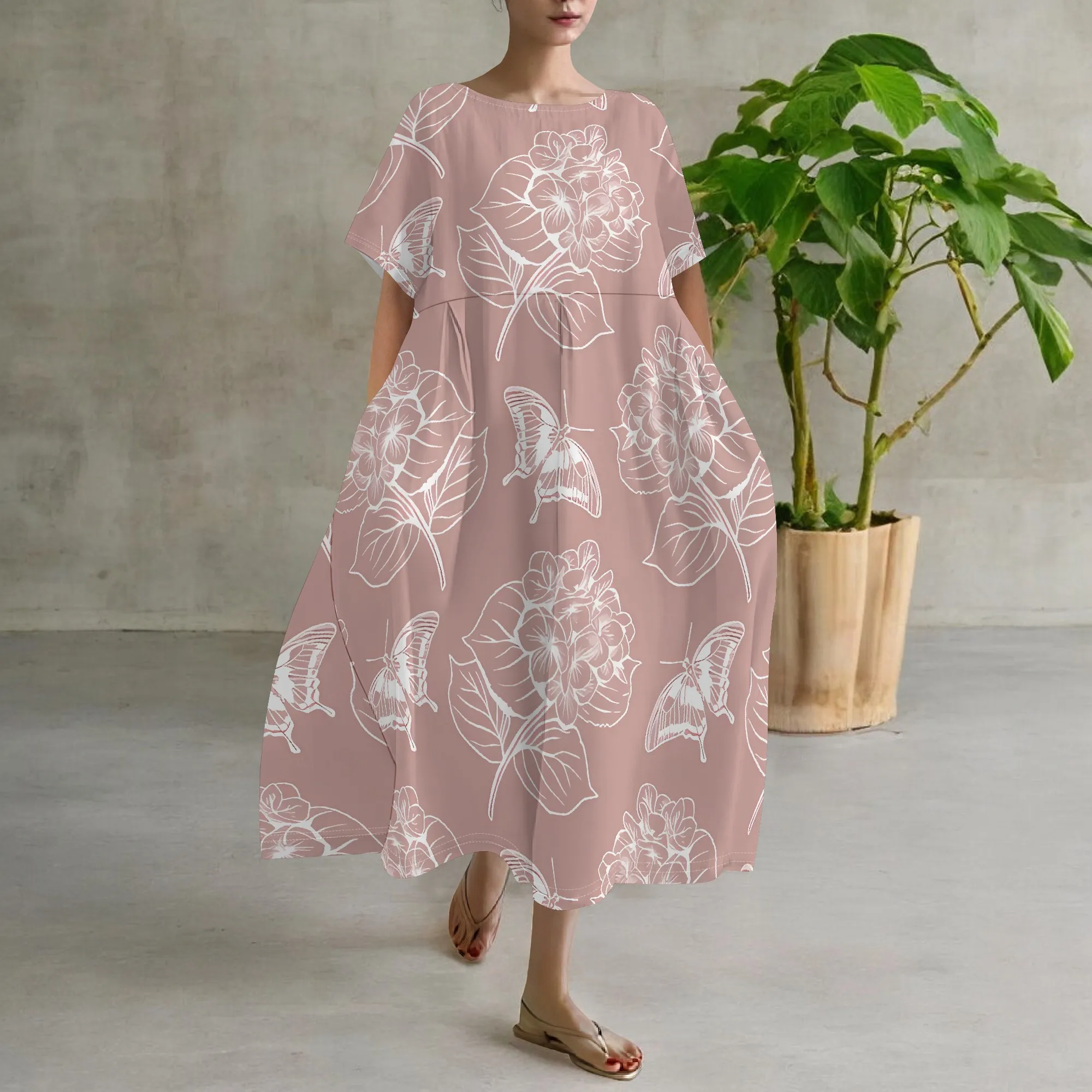 Nupusa Standard Size Maxi Dress Floral Print Short Sleeve Loose Dress