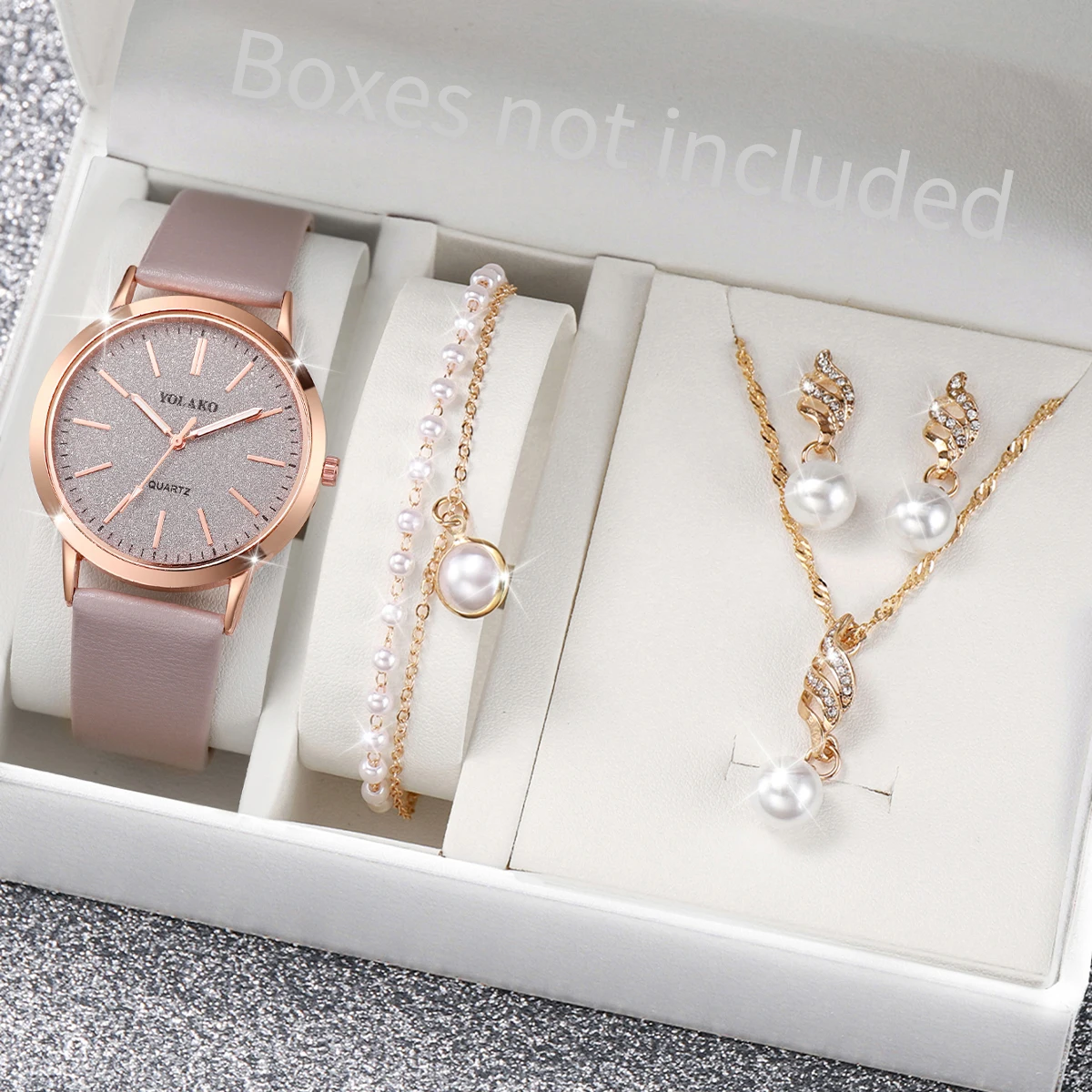 5PCS Women\'s Watch Fashion Matting Dial Leather Band Quartz Watches Pearls Jewelry Set（Without Box）