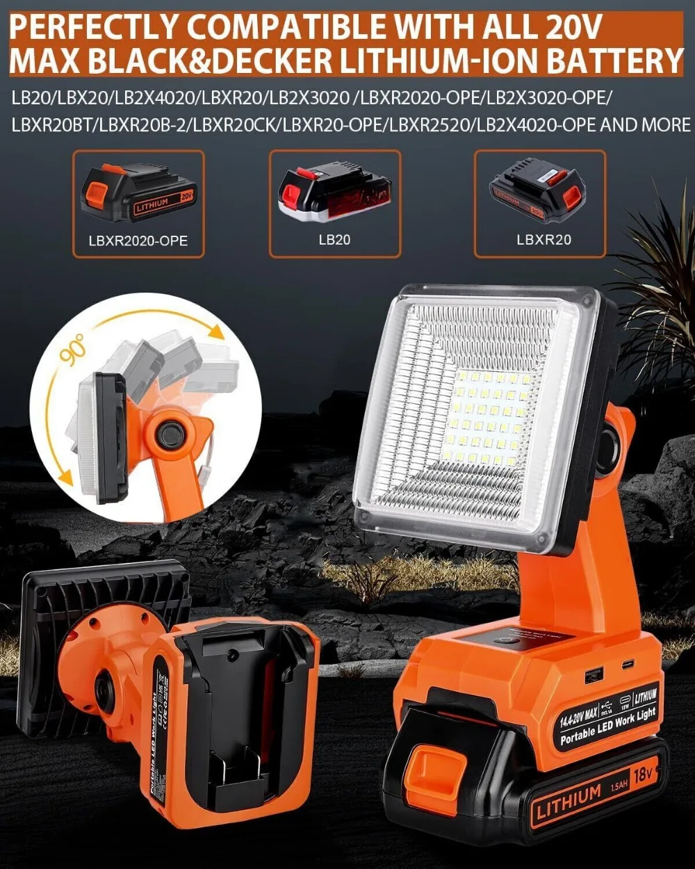 1500LM 25W LED Work Light for Black&Decker 20v Battery Outdoor Flood Light With USB for Jobsite Car Repairing, Camping Emergency