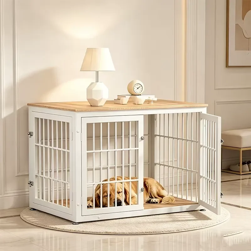 Solid Wood Dog Crate Furniture Indoor White Wooden End Table Dog Kennel with Double Lockable Doors Decor Pet Cage for Medium