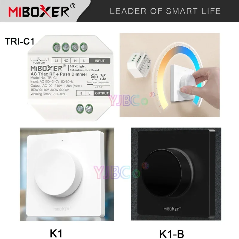 Miboxer TRI-C1 LED Triac RF Push Dimmer Switch 110V 220V AC 2.4GH RF Remote Controller work with K1 Rotating switch panel remote