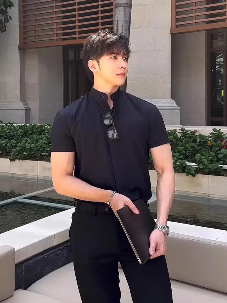 

Briti Sle воротник-стойка ort Sve Slim Fit irt Мужская модная повседневная городская молодежная летняя прохладная смесь полиэстера