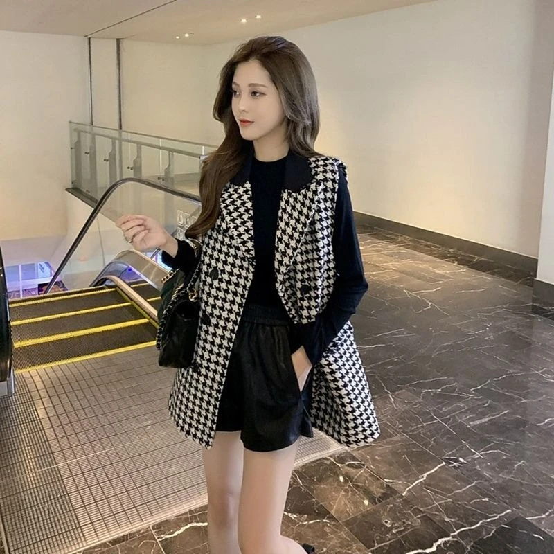 

Женский клетчатый пиджак больших размеров, жилет, модная длинная университетская куртка без рукавов, модная осенне-зимняя верхняя одежда