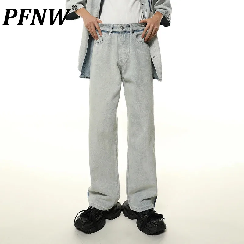 

PFNW Male Three-dimensional Cutting Denim Pants Worn-out Washed Contrast Color Straight Jeans Autumn 2024 Chic Trendy 28W4004