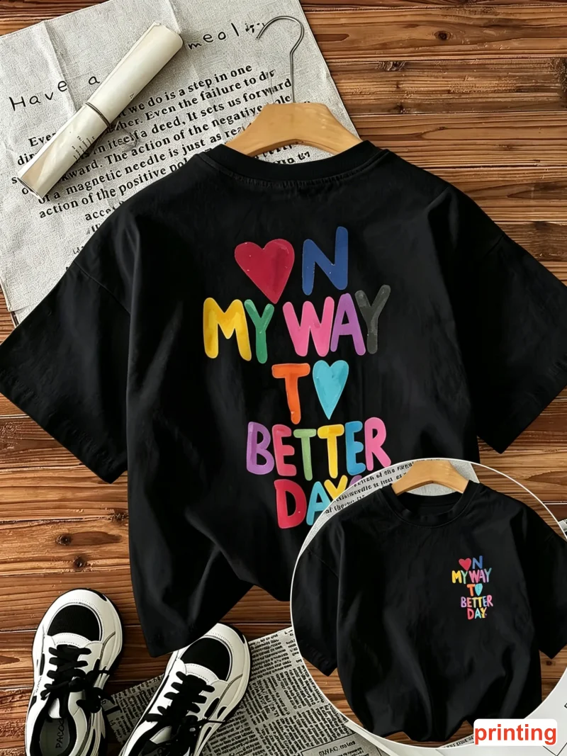 Colorful Positive Quote Print T-shirt Crew Neck Short Sleeve Uplifting Graphic Tee Casual Outdoor Daily Holiday Street Style