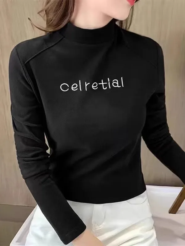 

Autumn Winter Women's Long Sleeve T-Shirt High Neck Print Thermal Velvet Slimming Top Korean Style Commute Fashion plus Size