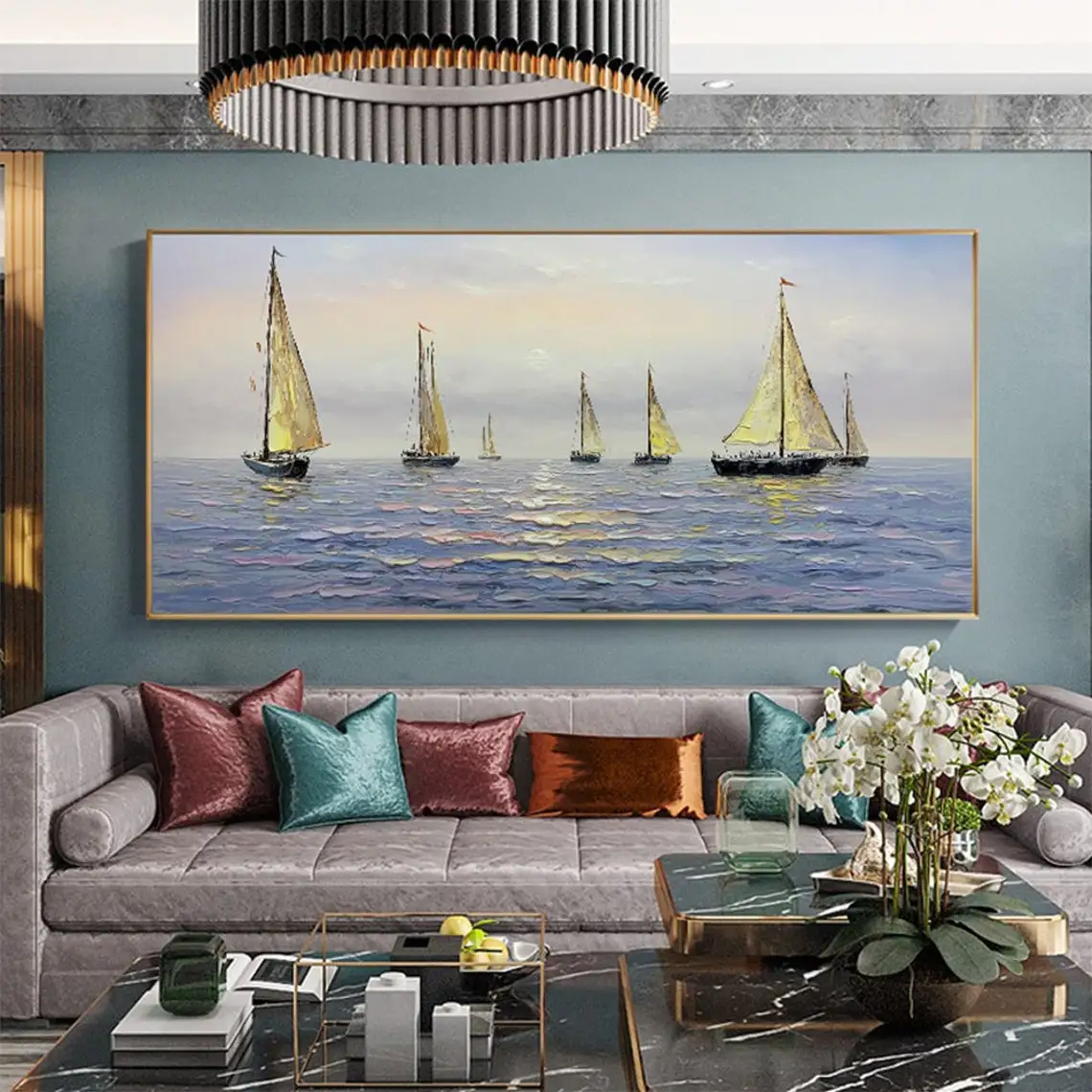 

Large Sailing Oil Painting Hand Painted Abstract Sailboat on Blue Ocean Acrylic Nautical Seascape Painting Wall Art Decoration