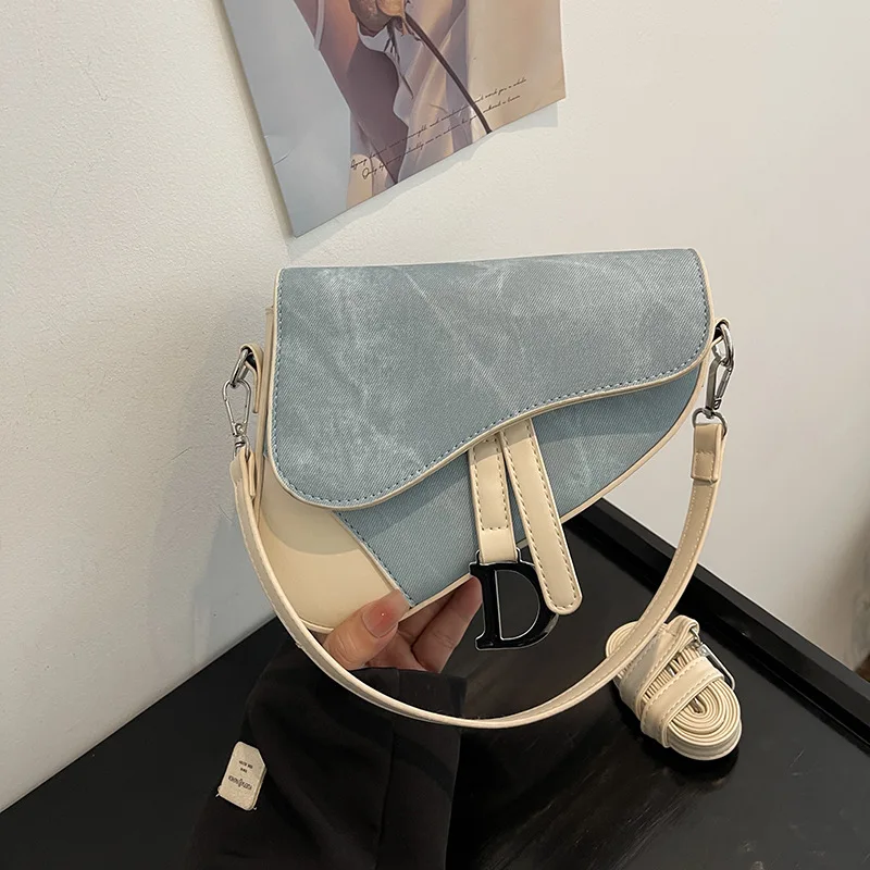 Bag Women\'s 2024 New Denim Pattern Trend Contrasting Color Splicing Saddle Bag Fashionable Foreign Style Shoulder Messenger Bag