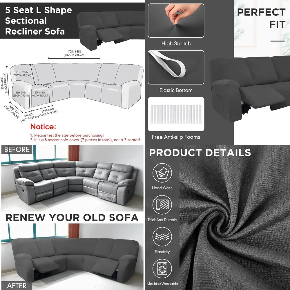 

Milk Silk 7-Piece L-Shape Recliner Sofa Cover, 5-Seat Velvet Couch Protector, Dark Gray Furniture Cover for Living Room