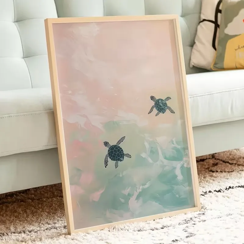 

Turtle Swimming Canvas Poster Tropical Animal Art Painting Seaside Cabin Decoration Light Color Summer Wall Art Home Decoration