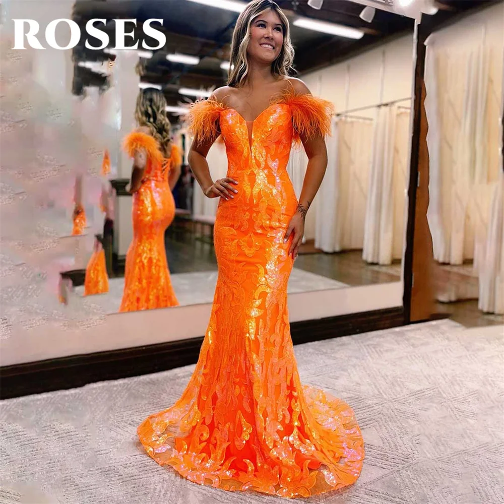 

ROSES Orange Evening Dress Off The Shoulder Mermaid Party Dress with Pleats Feathers Vestido De Novia Sexy Sweetheart Prom Dress