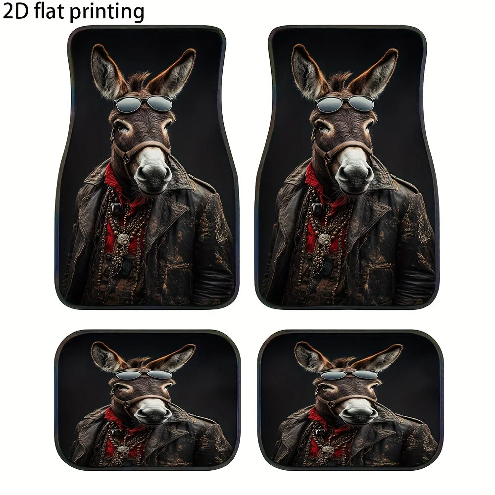 4pcs Car Floor Mats, Featuring A Glasses-Wearing Donkey Jacket Design, Made Of, Universal Car Mats, Easy To Clean, Washable, Aut