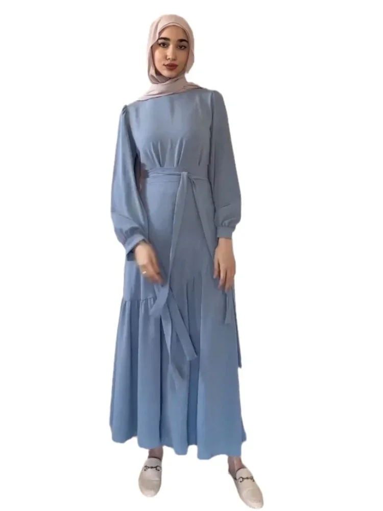 Women Two-piece Pleated Dress Temperament Elegant Muslim Long-sleeved Round Neck Tie Splicing Hem Slim High Waisted Female Suits