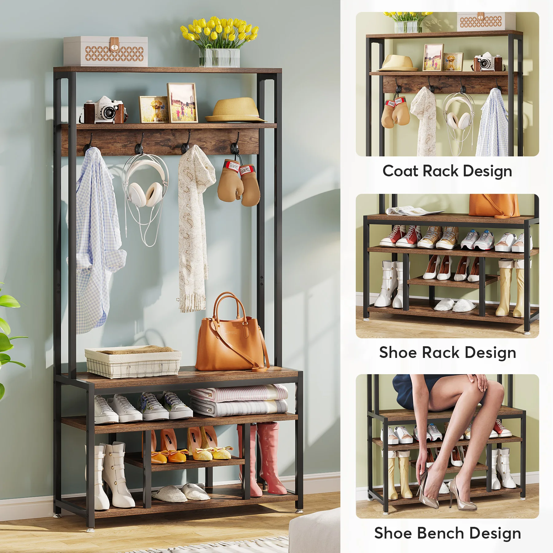 Tribesigns Entryway Bench with Coat Rack, 4 IN 1 Hall Tree with Shoe Rack Shoe Bench, 4 Hanger Hooks and Storage Shelf image 4