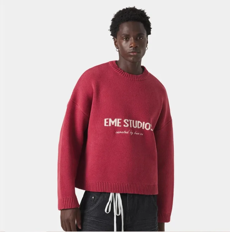 

Autumn and Winter High Street Retro Letter Embroidery Knitted Sweater Men Streetwear Trendy Harajuku Casual Warm Pullover Women