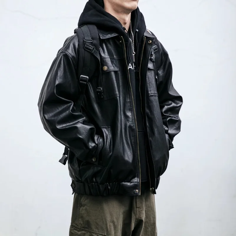 

American Retro Turn-down Collar PU Jacket Men's Spring Autumn Loose Casual Motorcycle Leather Jacket Fashion Male Clothes