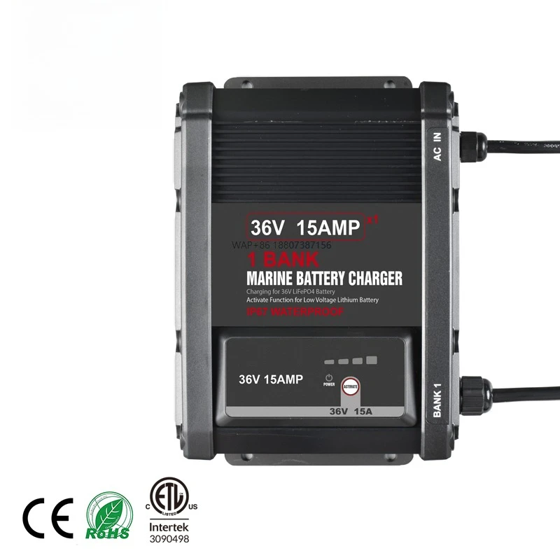 IP67 Waterproof 1 Bank 36V 15A Smart Marine Fishing Boat Battery Charger Maintainer for 36v Lithium (LiFePO4) Battery