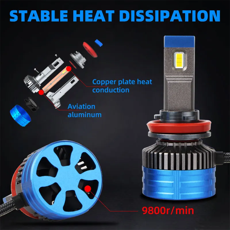 K11 H7 Canbus Led Headlight White Light H11 9005 Led Fogdriving Lights Bulb Copper Tube Fan Dual Heat Dissipation Car Headlights