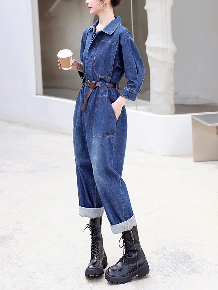 ENjoyce Spring Fall Korean Style Denim Jumpsuit with Belt Women New Loose Jeans Straight Leg Casual Overalls Romper Body suits