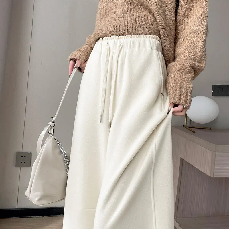 

Брюки с высокой талией и широкими штанинами, с отделкой «ножевая кромка», на флисовой подкладке из кашемира, повседневные, для женщин, осень-зима, новинка