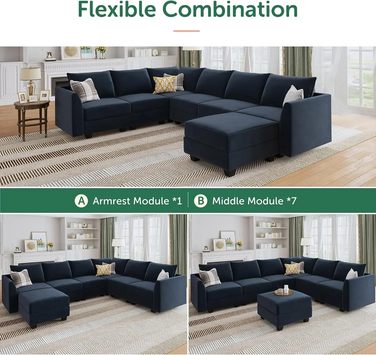 

Living Room Sectional Sofa Velvet U Shaped Couch with Storage Oversized Modular Sectional Sofa Couch for Living Room Dark Blue