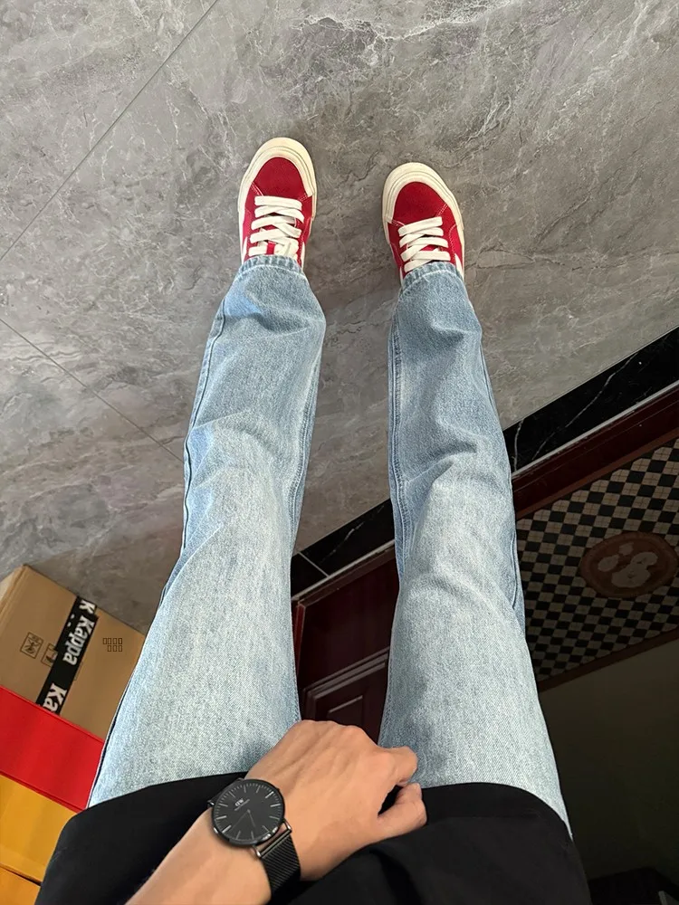 

Ice Blue Straight Leg Jeans High Waist Lift Pant Youth Casual Wear Resistant Wear Micro Flared Legs for Men American High Str...