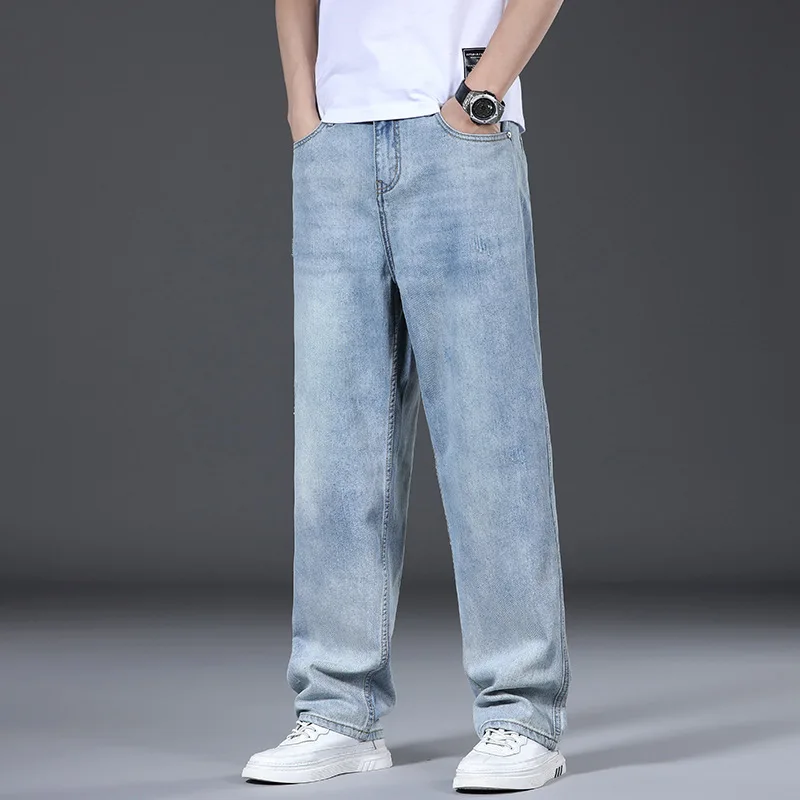 Spring Autumn Stretch Loose Straight Wide Leg Jeans Men's American High Street Casual Trousers