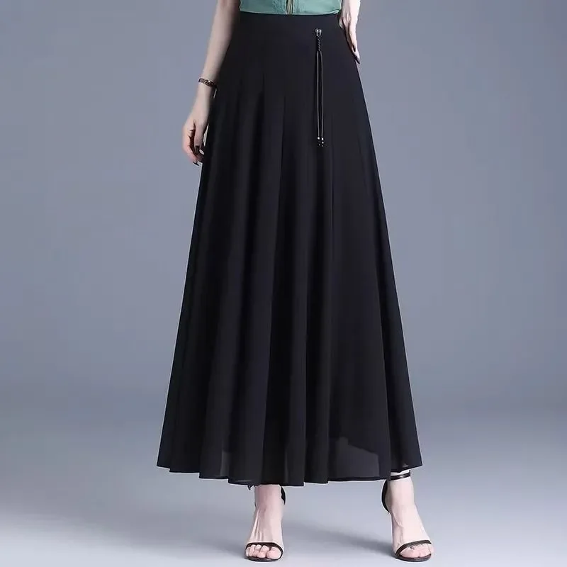 Chiffon Long Skirt 2025 Summer Pleated Skirt New Thin High Waist Mid-length Drooping