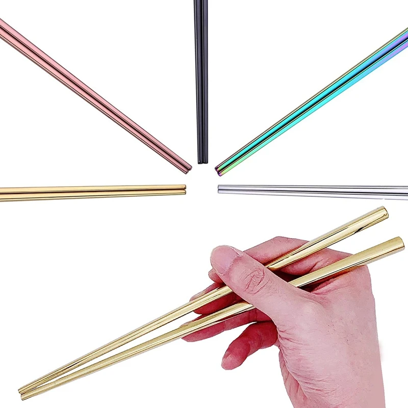 Learning Chopsticks Reusable Dishwasher Safe Metal Chopsticks, Square Chop Sticks 5 Pairs,Photo Color