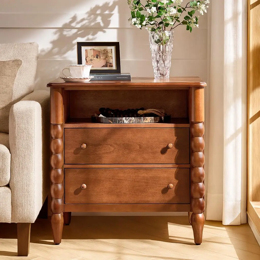 Farmhouse End Table with Charging Station & 2 Drawers, Wood Side Table for Living Room Bedroom, Customized