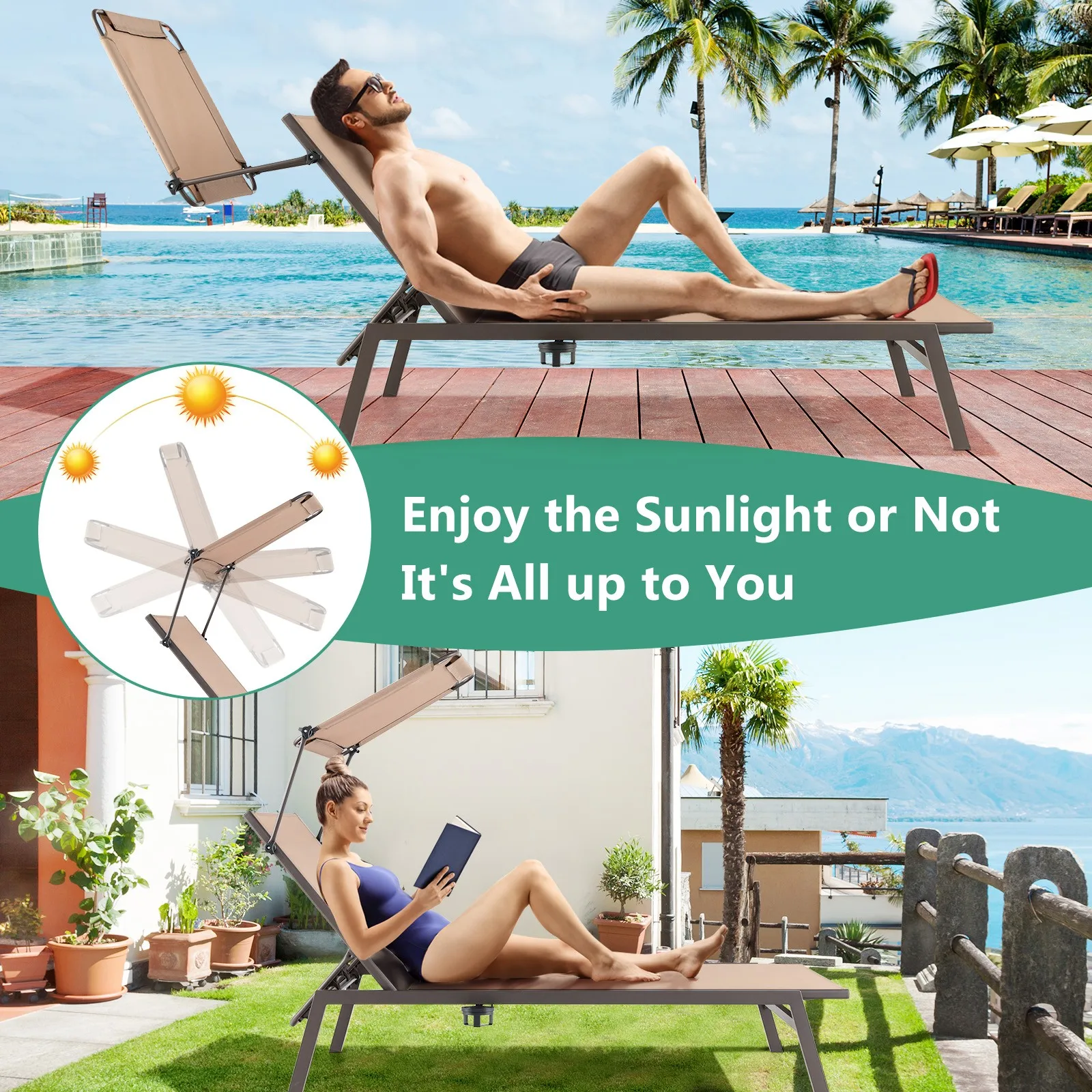 Outdoor Chaise Lounge Chair with Sunshade 6-Level Adjustable Recliner Backyard view 6