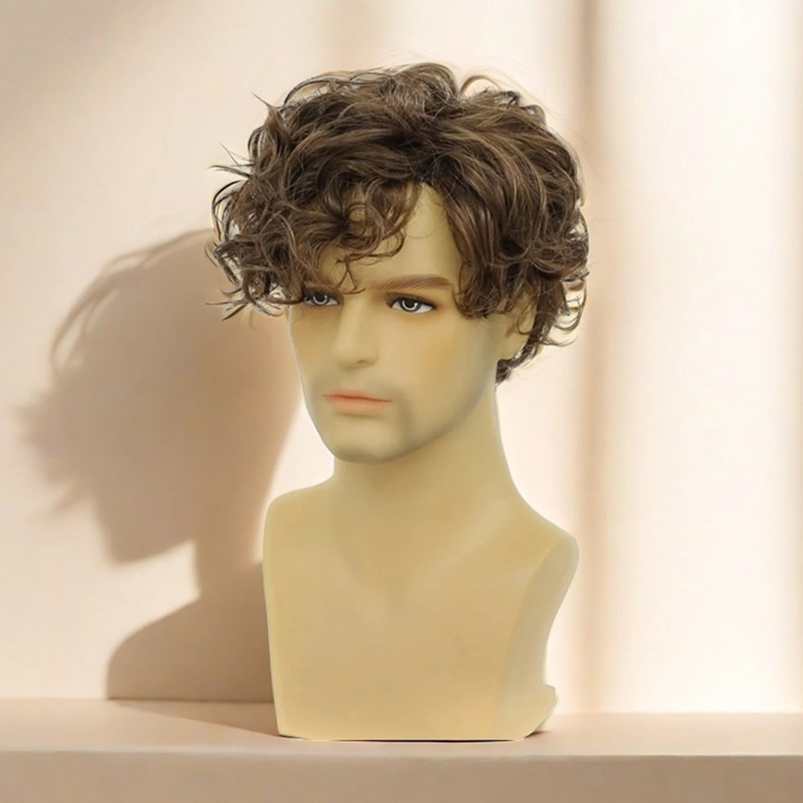 Men's Wig Short Fluffy Brown Rocker Wigs Long Bangs Naturally Curl Fake Hair Replacement For Men Boys Daily Use Hair Styling image 3