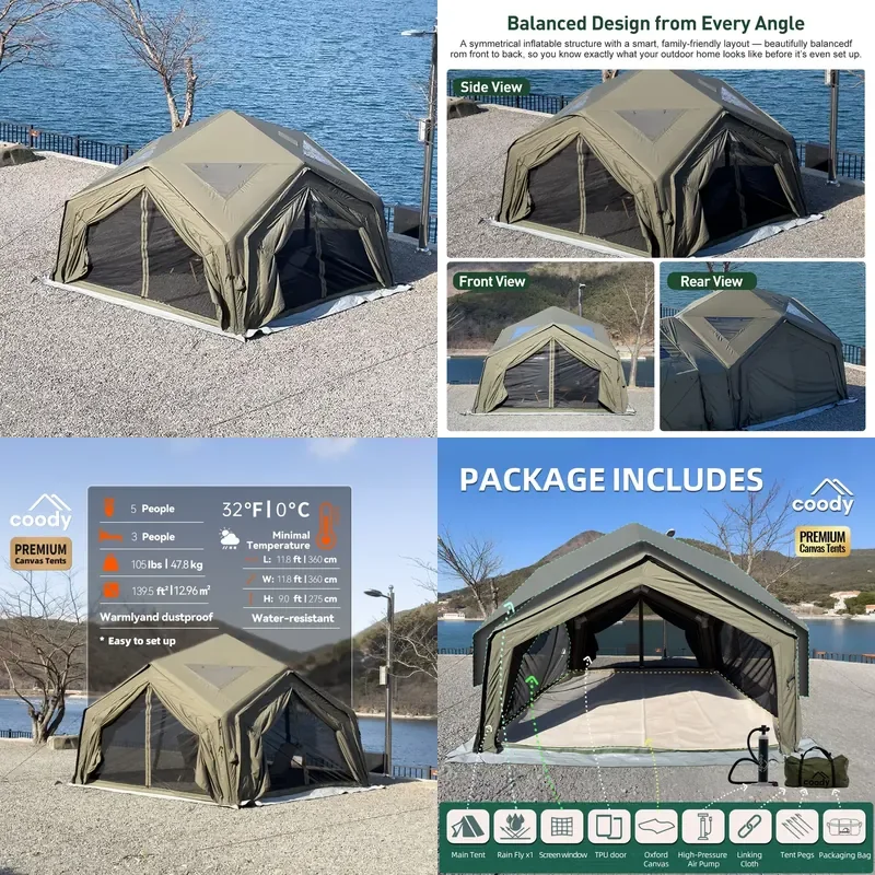 Coody Hub Station Air Tent-Army Green Large Inflatable Beach Tent Glamping Portable Design for Outdoor Camping