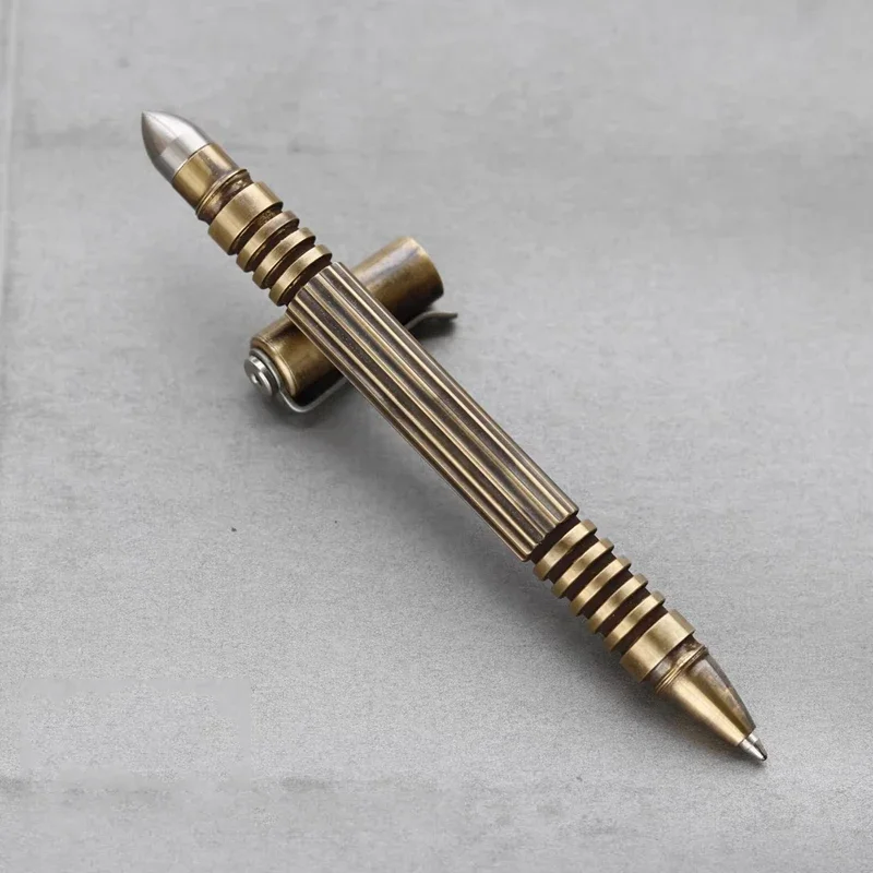 Retro Brass Multifunction Stainless Steel Tactical Defense Pen Outdoor EDC Portable Window Breaker Tools