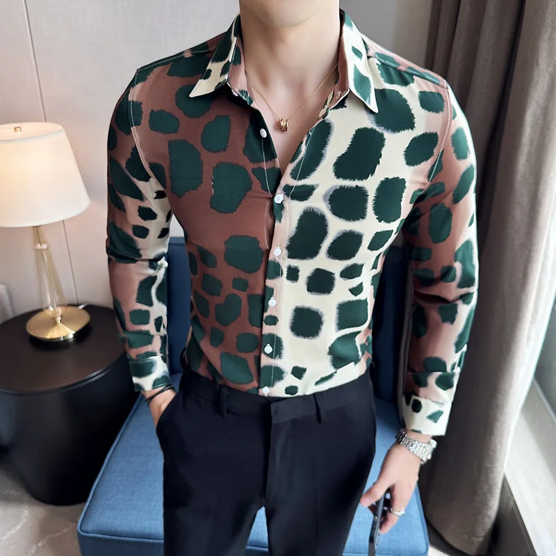

2024-New Explosive Trend Slim Fit Men Loose Casual Leopard Print Business Gentleman High Fashion Light Luxury Long Sleeve Shirt