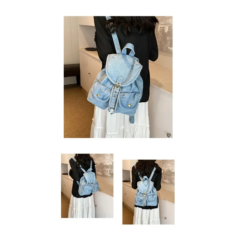 1PCS Denim Backpack Light Washed Vintage Flap Drawstring Dual Pockets Retro Metal Buckle  Daypack for Commute School Travel