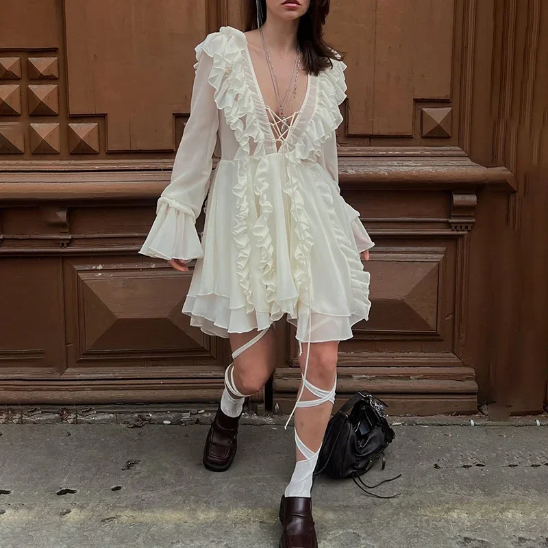 

Chiffon Ruffled Long Sleeve Dress For Women Casual Lantern Sleeve Lace Up Mini Dress High Waist Party Vacation Clothes